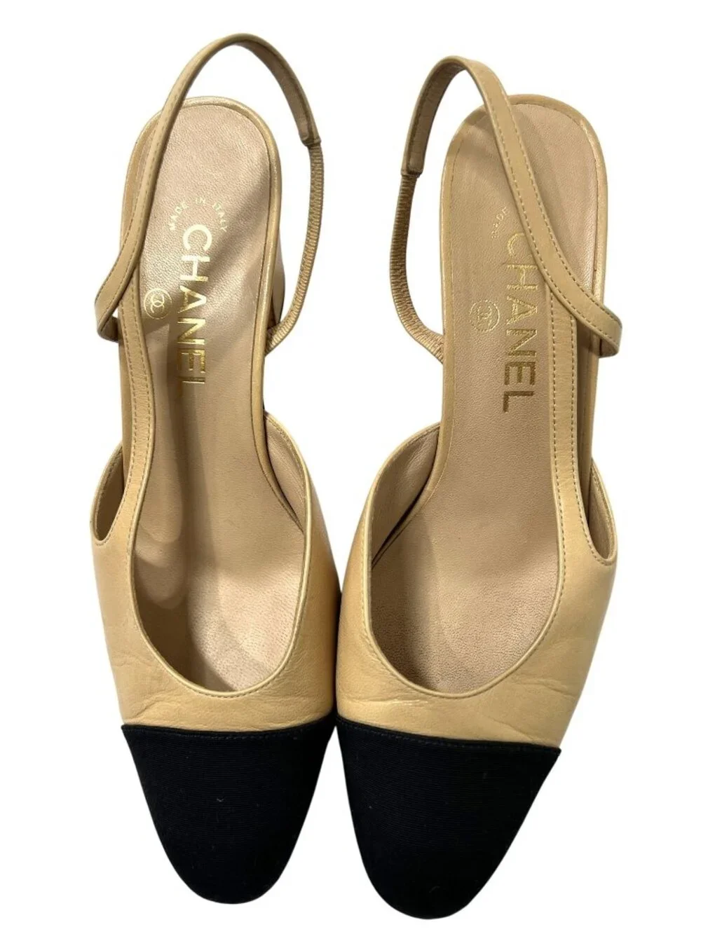 Chanel Slingbacks in Goatskin & Grosgrain Beige Black
